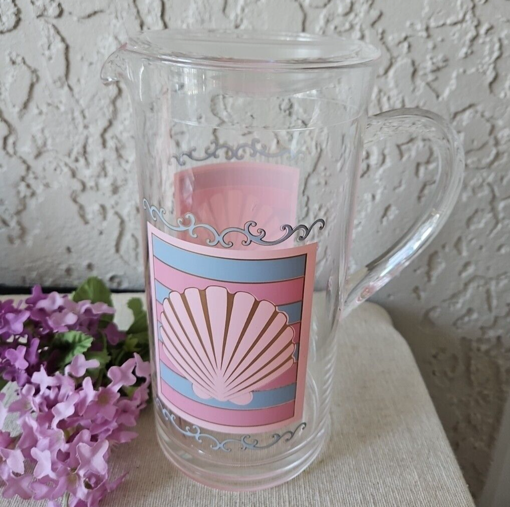 Shell Scroll Seaside 2 Quart Pitcher Clear Sturdy Plastic Beach House Kitchen