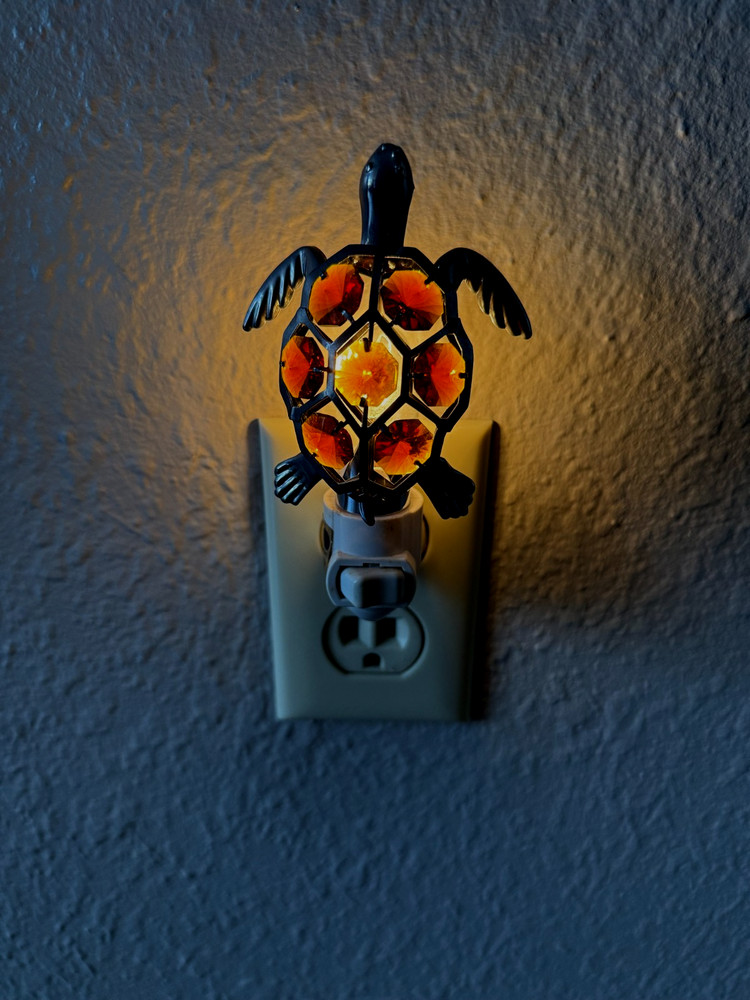 Sea Turtle Night Light Silvertone with Seven Amber Colored Crystals