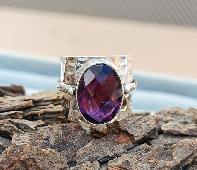 Solid 925 Sterling Silver Natural Amethyst Gemstone Hammered Wide Band Boho Ring