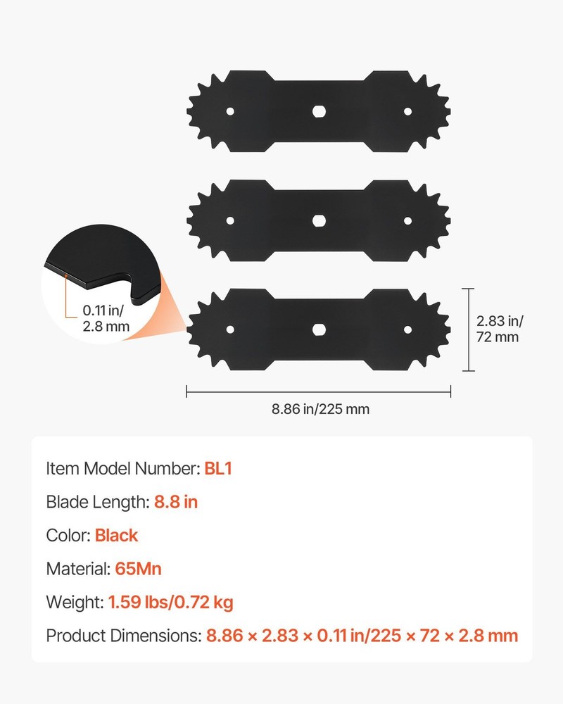Edger Replacement Blades 8.8in, 3-Pack, Sharp Multi-Serrated, 65Mn Steel, WP
