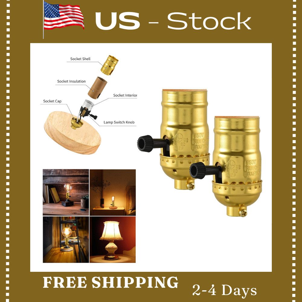 2 Pcs 3 Way Lamp Socket Replacement for E26 Threaded Base, 3 Light Gold