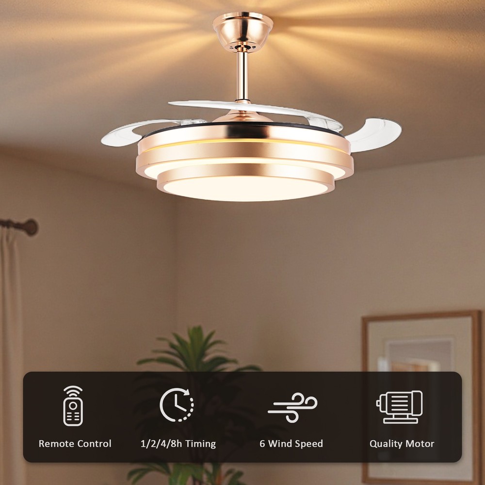 42" Modern 3 Color Light Ceiling Fan w/ Light Remote Control Retractable Blades