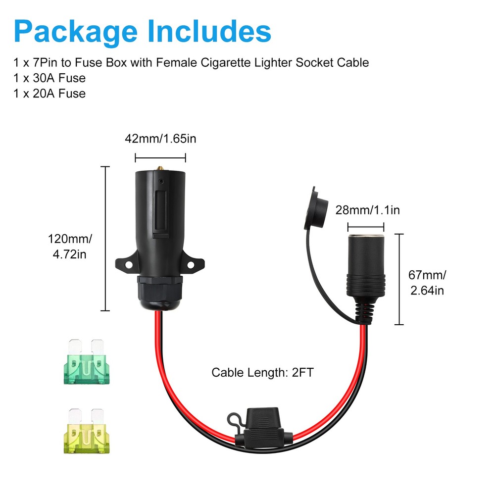 7Pin Trailer Plug to 12V Female Cigarette Lighter Power Socket Cable Adapter 2FT