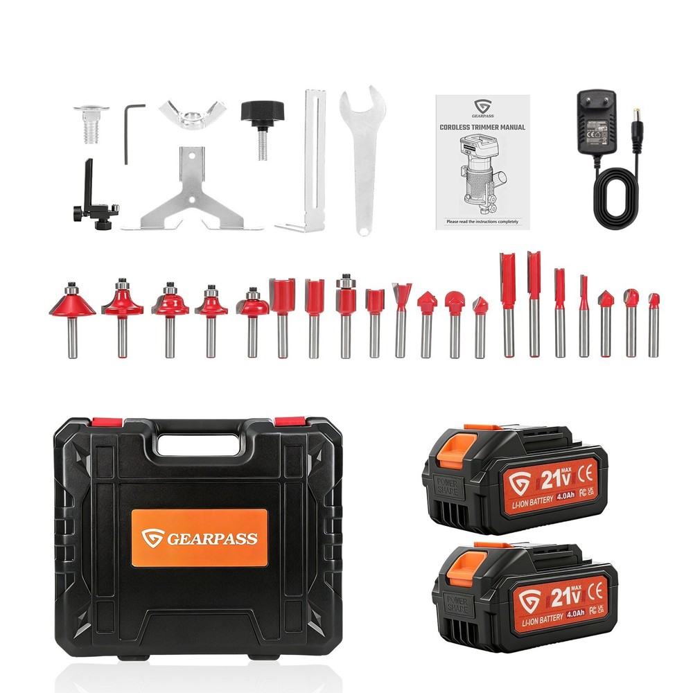 21V Cordless Multi-function Router With 20 Bits 2 Batteries Charger And Wrenches