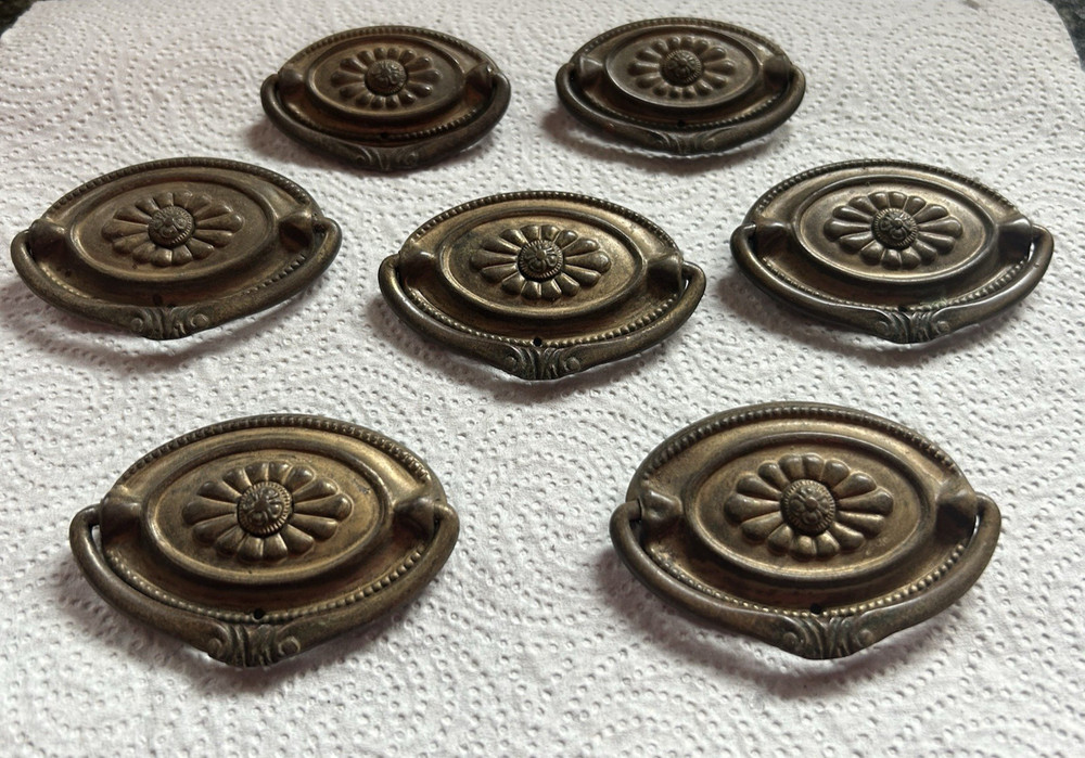 Vtg Set Matching Pressed Brass Hepplewhite Oval 5x 2.75" + 2x2.25" Drawer Pulls