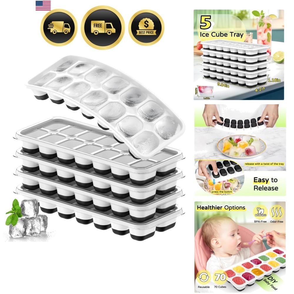 Ice Cube Tray 5 Pack, Stackable Silicone Ice Cube Trays with Lid– Easy Releas...