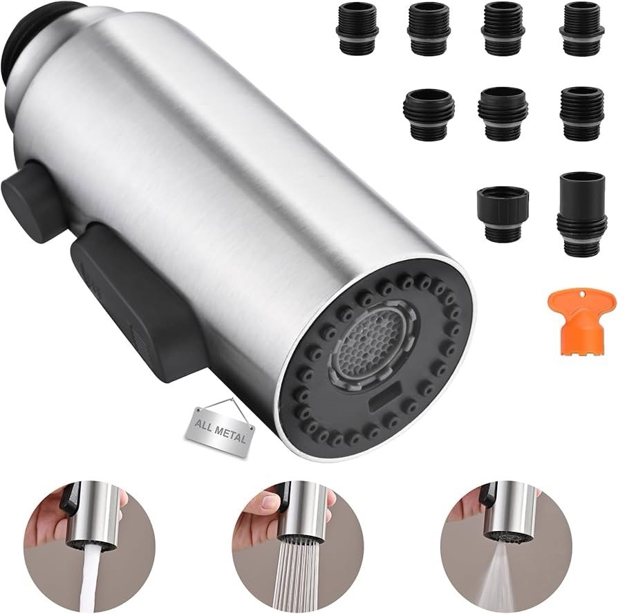 (LUH) Metal Kitchen Faucet Spray Head 3-Function Pull Down Brushed Nickel