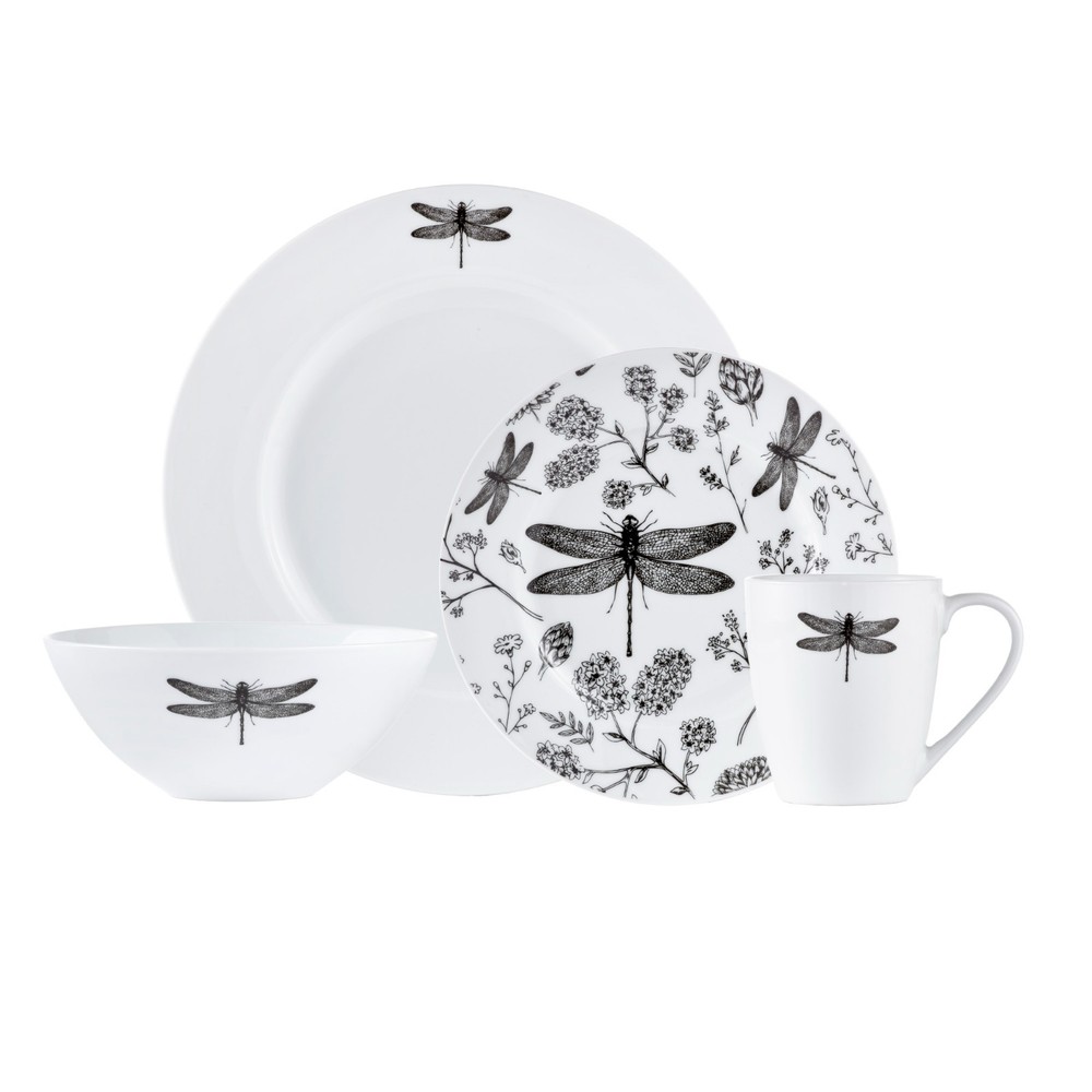 Dinnerset 16-Piece Dinnerware Set, White, Dragonfly