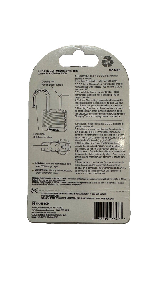 Brinks Resettable Combination Lock 162-44051