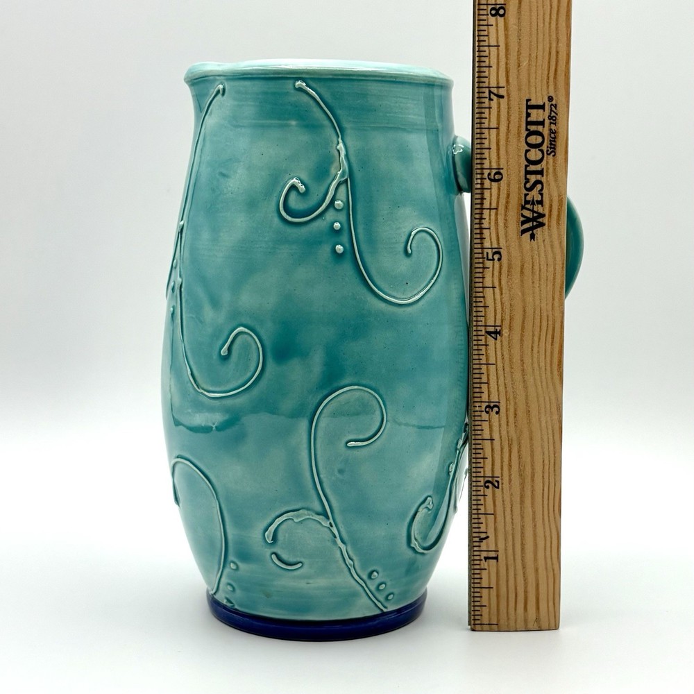 Studio Art Pottery Pitcher Signed Teal Blue Applied Scroll Decor Glossy 7.25”