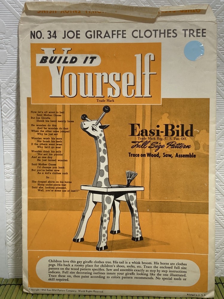 Vintage Easi-Bild Woodworking Pattern Full Size Joe Giraffe Clothes Tree