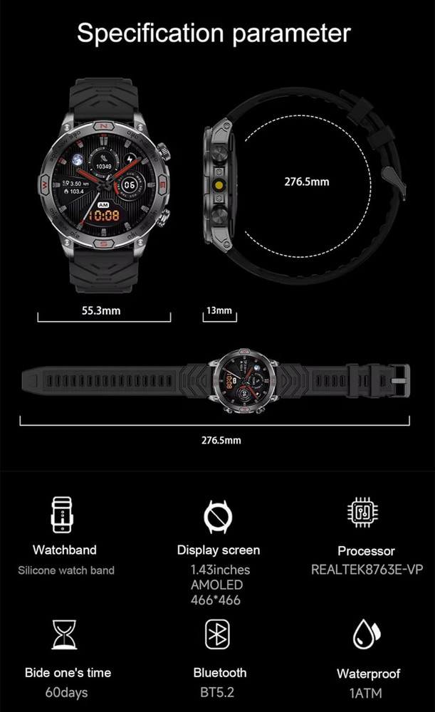Smart Watch for Men, 1.43" HD Large Display, Bluetooth Call & Notifications, Fit