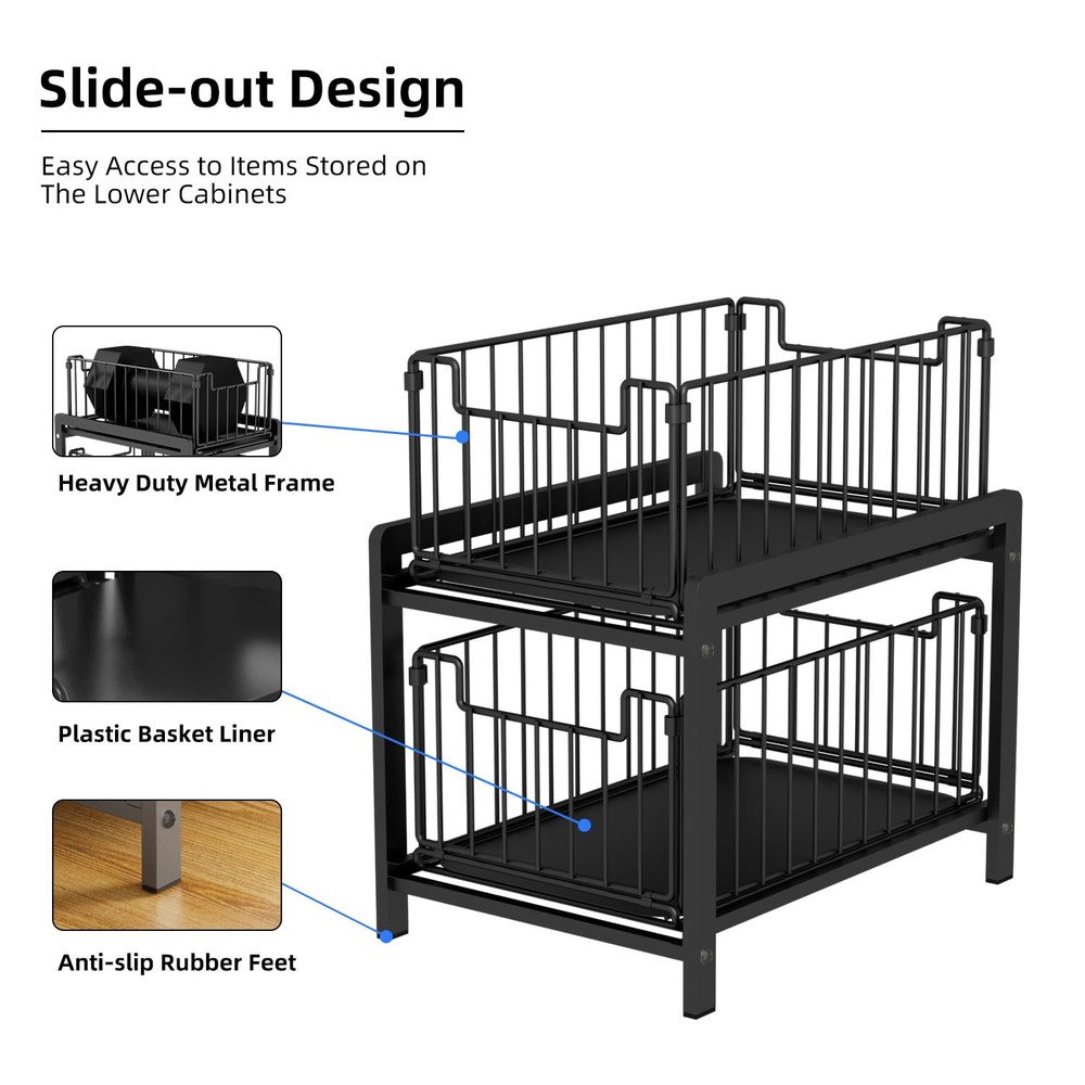 2 Tier Sliding Basket Drawer Organizer, Pull Out Under Sink Cabinets Organize...