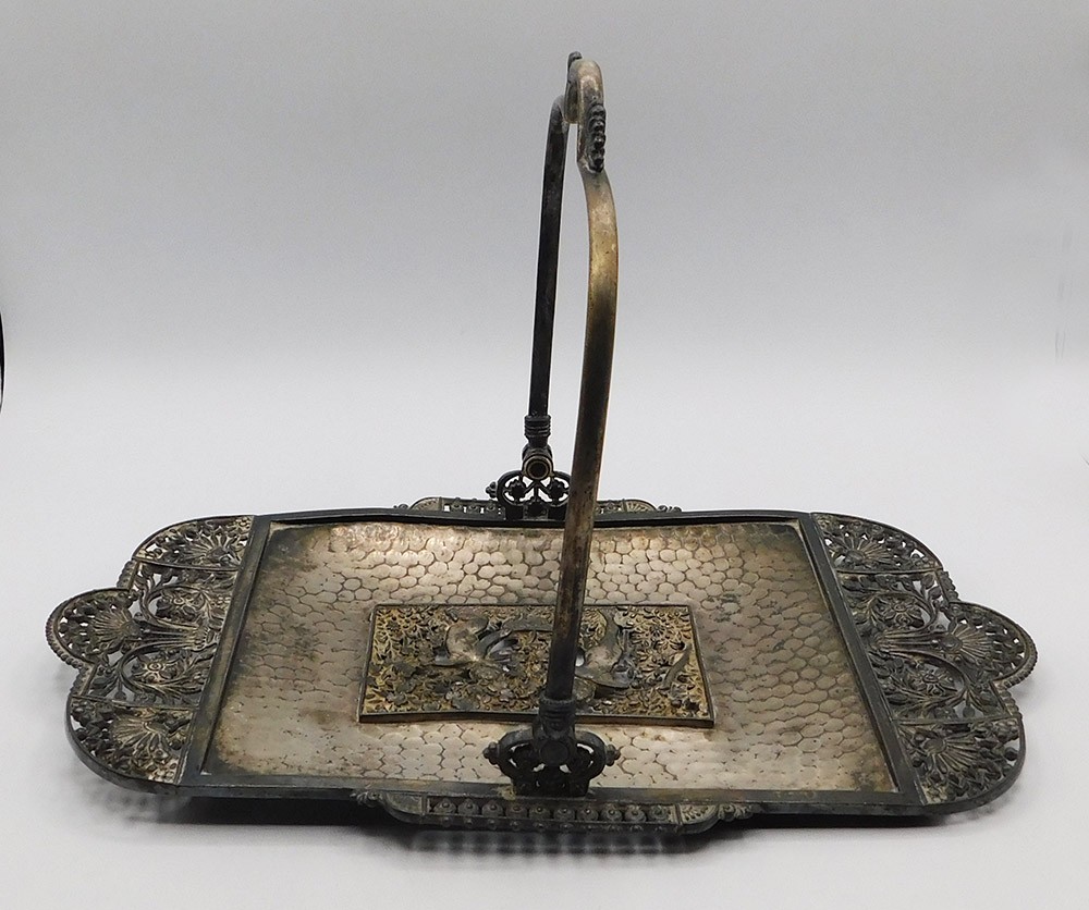 Vintage Large Silver Plated Rectangular Handled Tray w Ornate Cherub Tree Floral