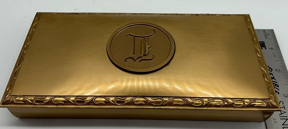 MCM Brass Hyde Park cork lined 8” box attached lid 2 sections 1950s monogram I