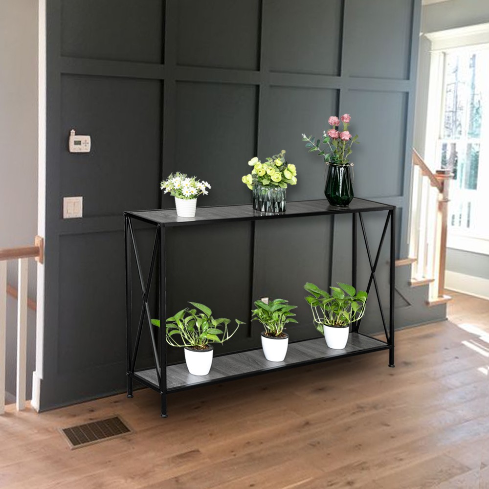 Grey MDF Countertop Black Wrought Iron Base 2 Layers Forked Console Table