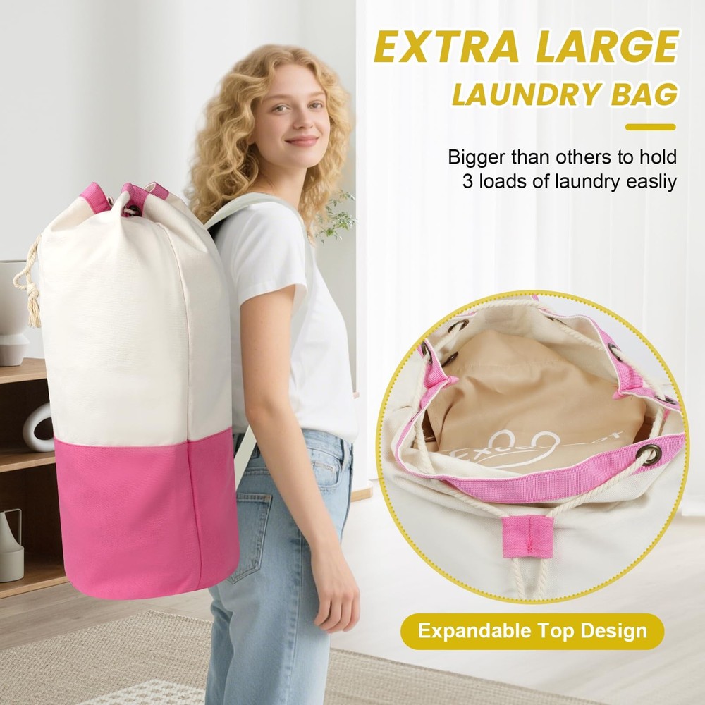 Single-shoulder backpack-style laundry bag with shoulder strap and pockets, m...