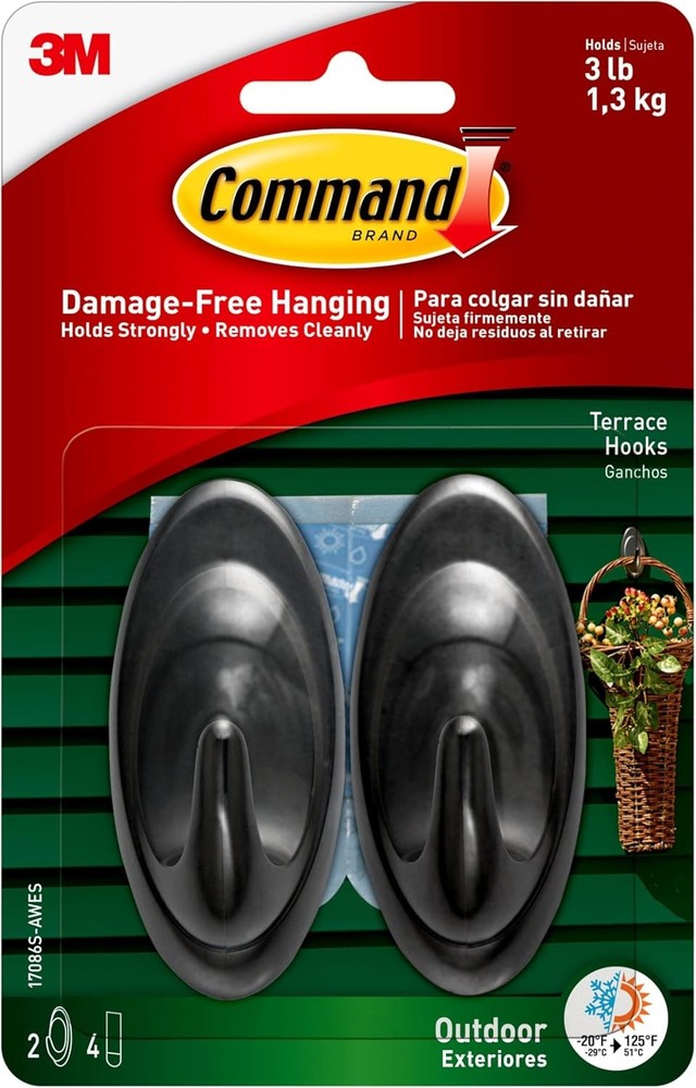 Command Outdoor Terrace Hooks, 2 Hooks and 4 2 & 4 Strips, Black