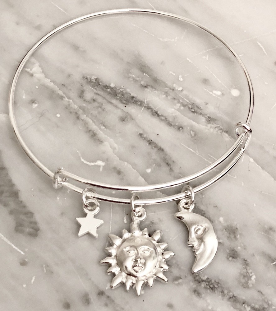 Sun Moon and Star Celestial bright Silver charm Expandable Bangle Bracelet