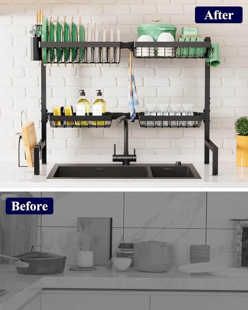 2-Tier Over Sink Dish Drying Rack, Adjustable 21.5"-33.9" - Kitchen Space Saver