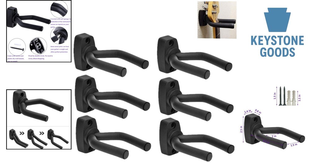 6-Pack Guitar Wall Mount Hangers – Adjustable, Non-Marring, Easy Install