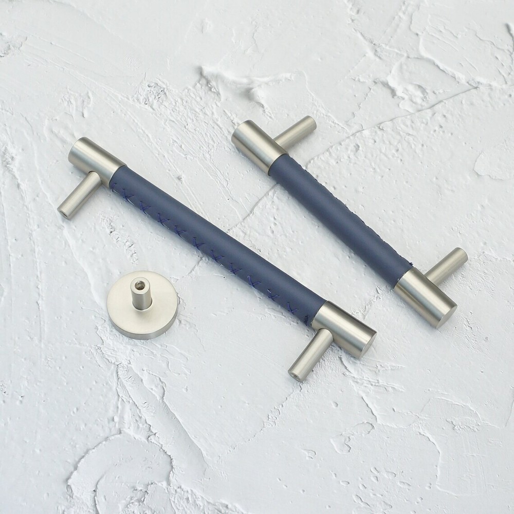 MFYS Navy Blue Leather & Brushed Nickel Cabinet Handle Wardrobe Pull Drawer Pull