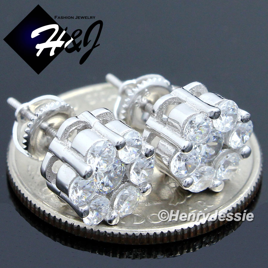 MEN SOLID 925 STERLING SILVER ICY CZ 10MM FLORAL CLUSTER ROUND STUD EARRING*E45