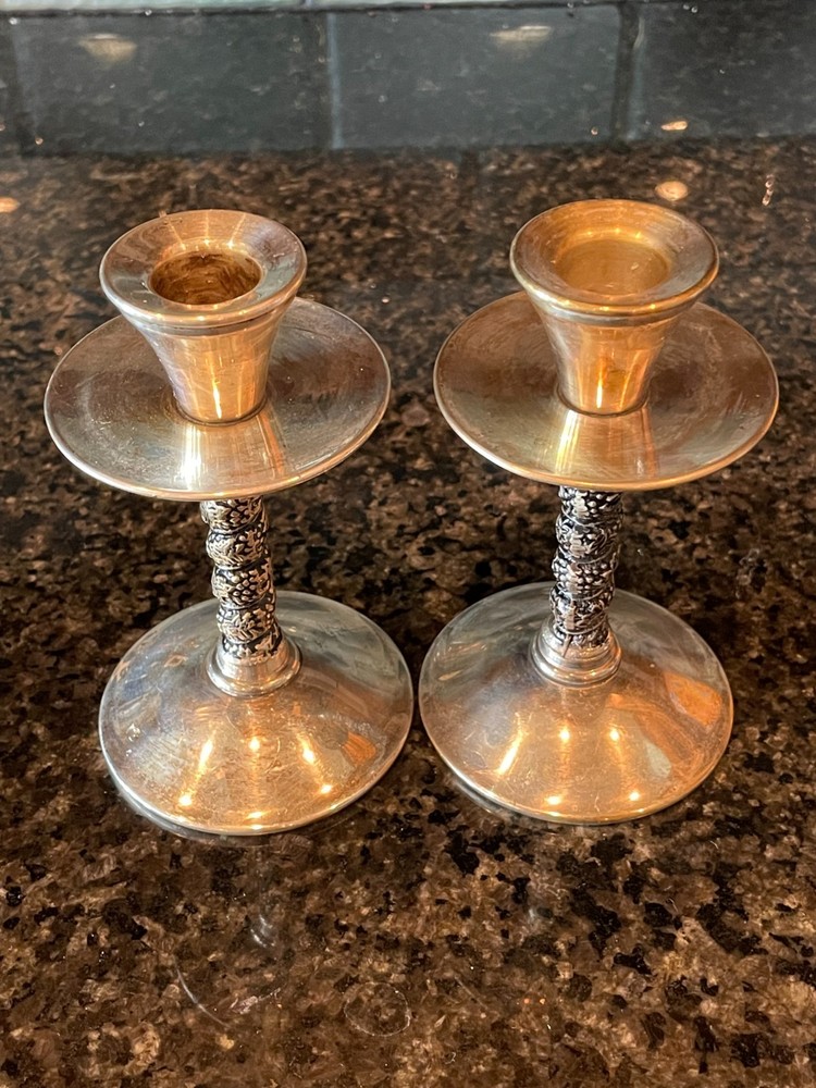 Vintage Pair Spanish Silver-Plated Candlestick Holders Twisted Grapevine Design