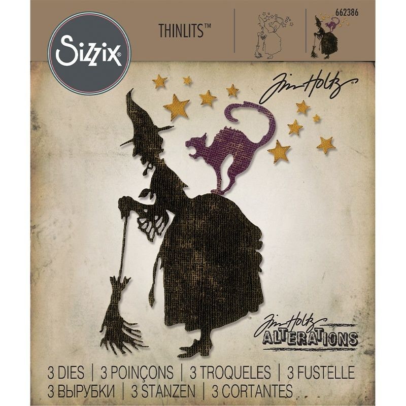 New Tim Holtz Sizzix Thinlits Die Set Witchcraft Witch with Broom Cat Stars
