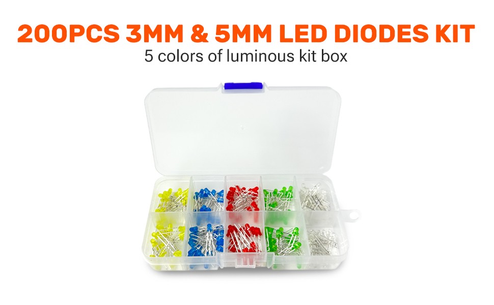 200pcs Mixed LED Set: 3mm + 5mm, 5 Colors, Includes Storage Box