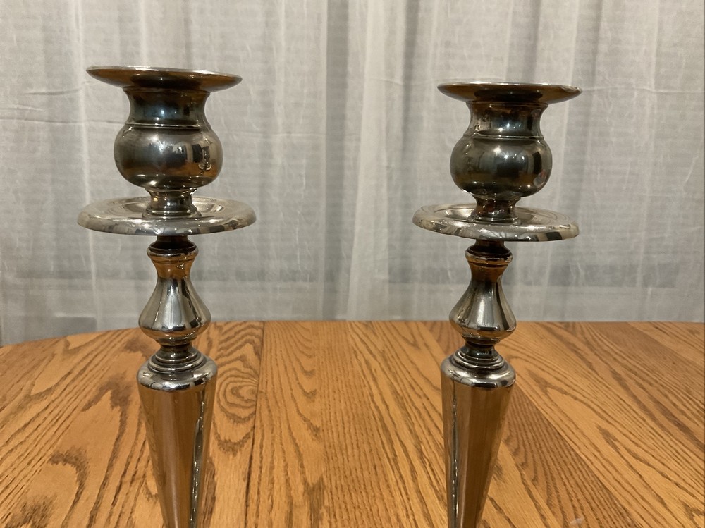 Silver Plated Candlesticks Pair 11.5 Inches Tall Round Base