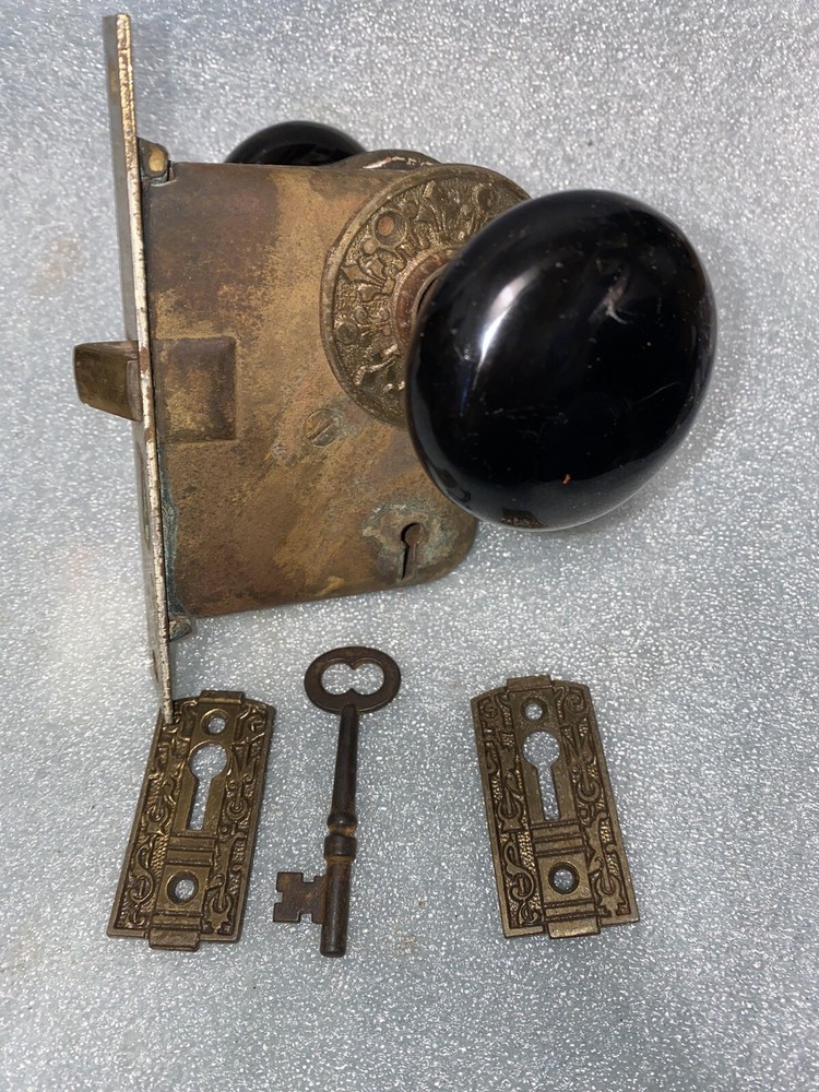 Antique Mortise, 2 Knobs & 2 Cast Iron Rosettes, 2 keyhole Covers