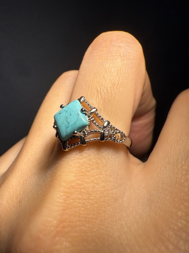 Natural Hubei Turquoise Square Ring / Silver- plated/adjustable
