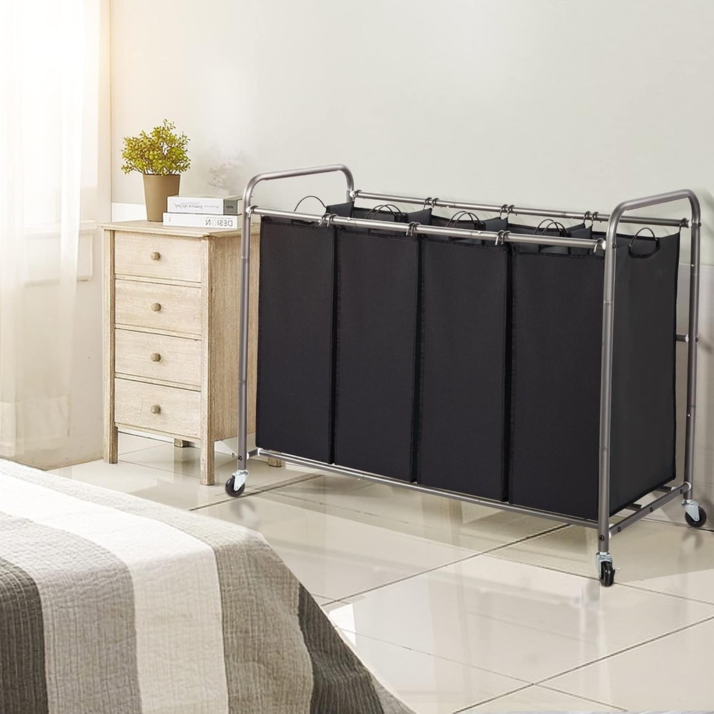 Laundry Sorter 4 Section 4 Bag Clothes Hamper Rolling Laundry Cart Basket W/