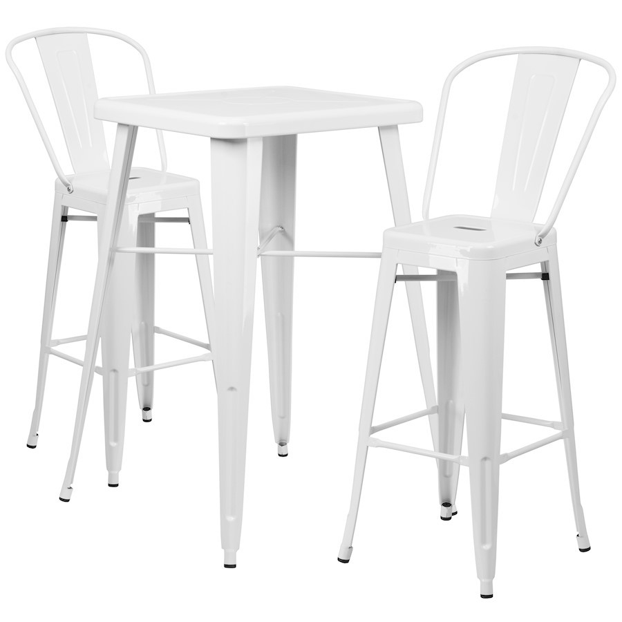 Flash Commercial Grade 23.75" Square White Metal Bar Table Set, 2 Back Stools