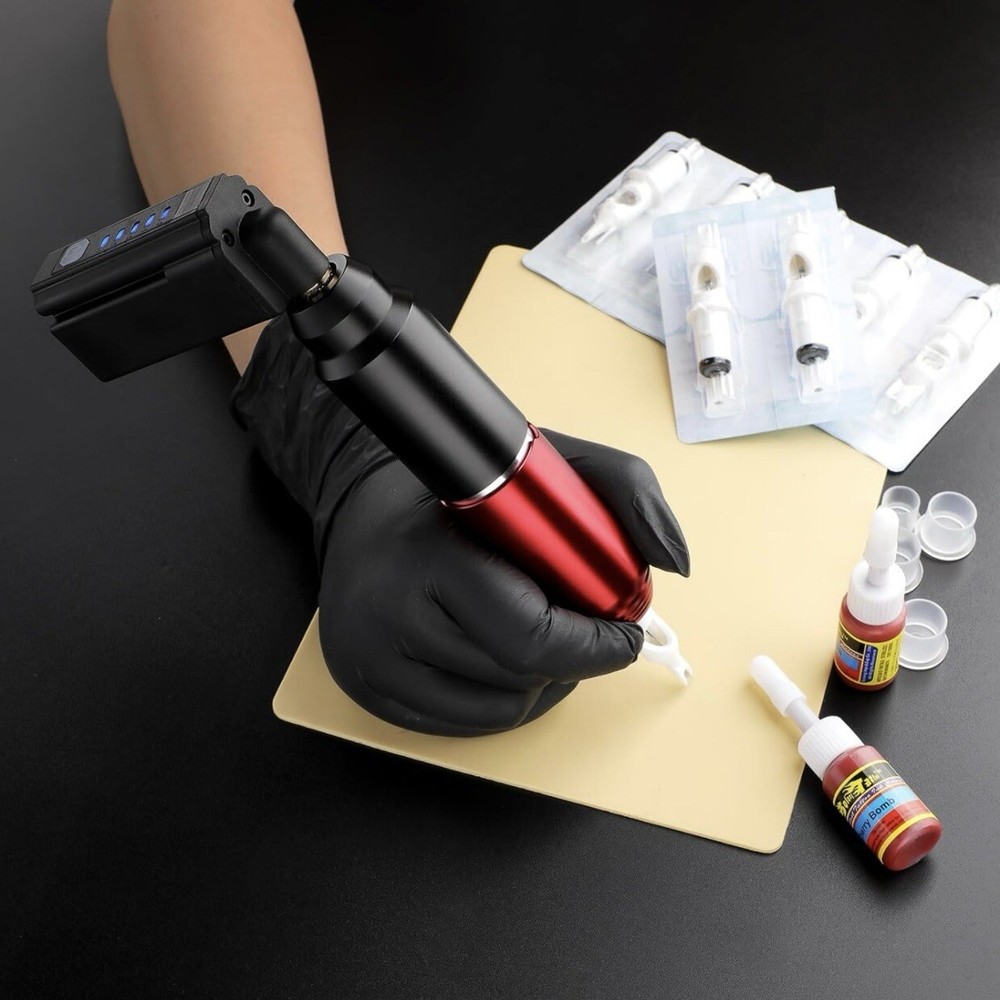 Wireless Rotary Pen Tattoo Machine Pen Starter Kit Bundle PMU (Black/Red)