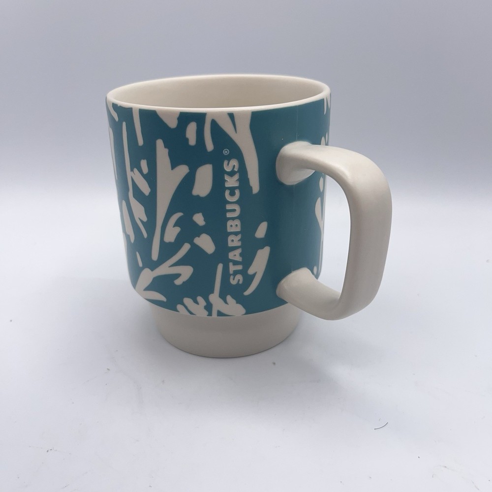 2016 Starbucks Abstract Bamboo Unique Floral Stackable Teal Coffee Tea Cup 12oz