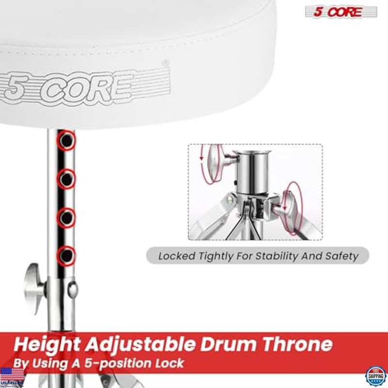 5 CORE Adjustable Drum Throne - 3" Padded Stool, Double-Braced Chair, White