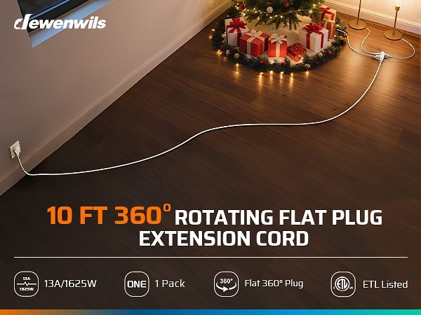 DEWENWILS 10FT Flat Plug Power Strip, 3 Outlets Space Saving Rotating Plug