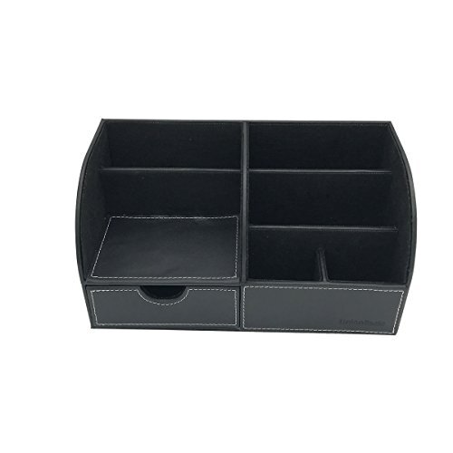 Office Desk Organizer - Multifunctional PU Leather Desktop Storage Box - Black