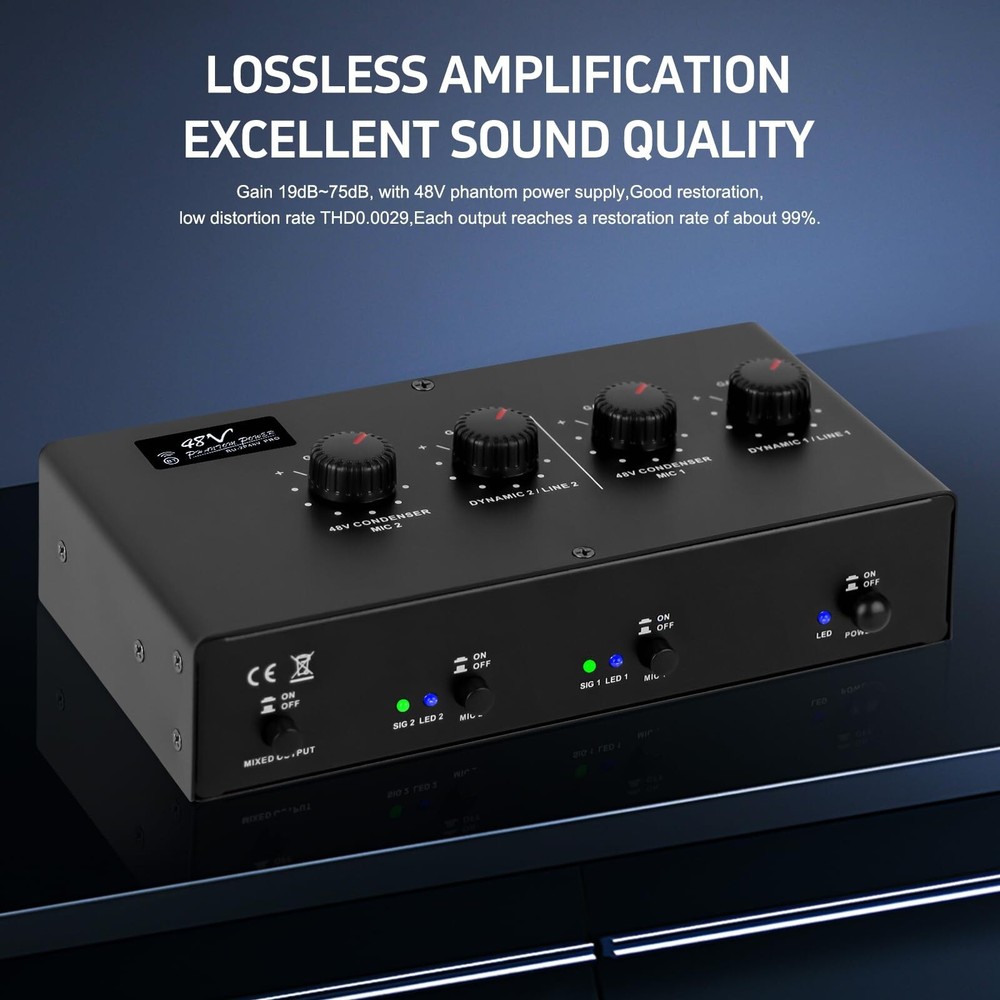 Microphone Preamp Mic Booster 4 Input Max 25db DI Box with 48V Phantom Power ...