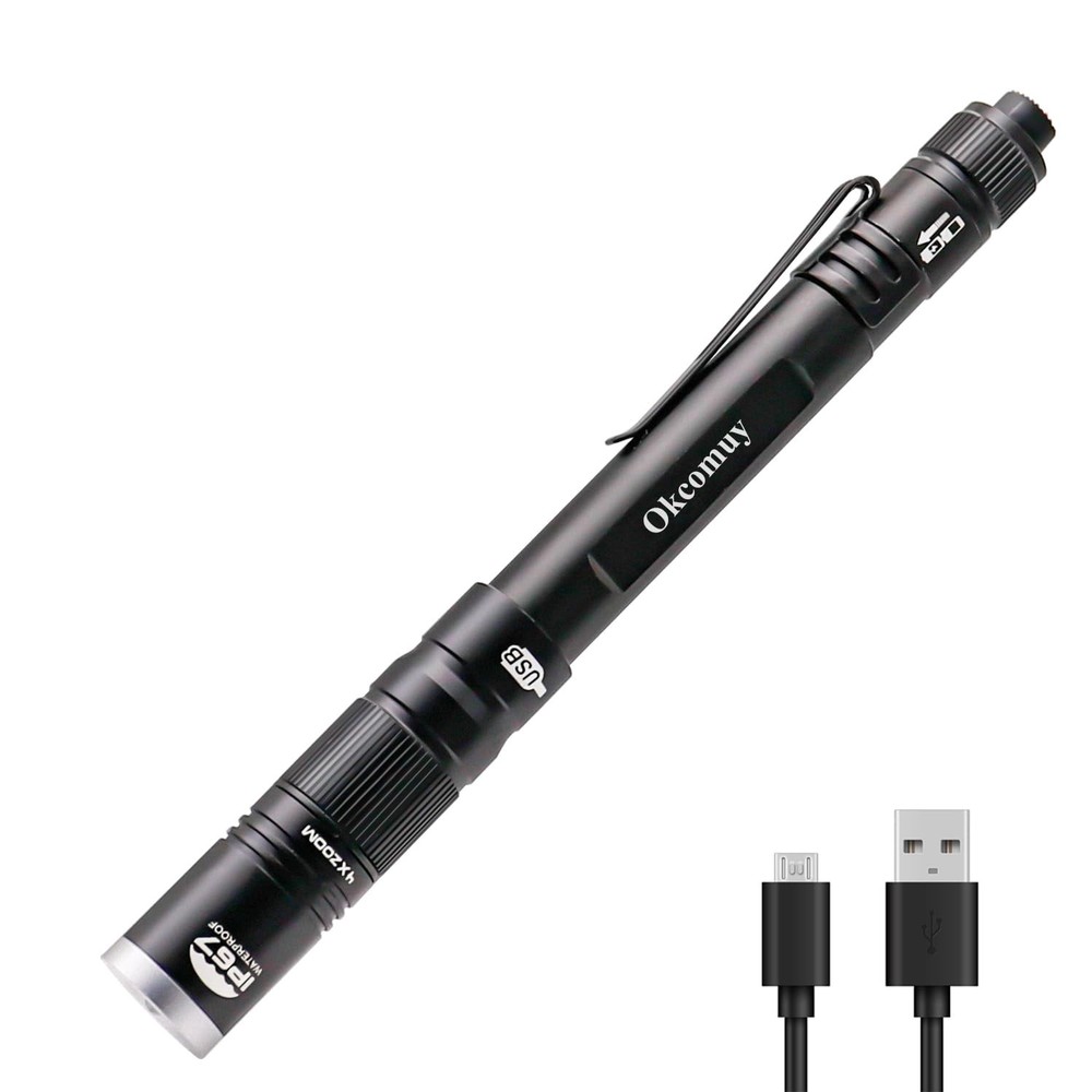 okcomuy Rechargeable Pen Light Flashlight IP67 Waterproof with 1 Pack, Black