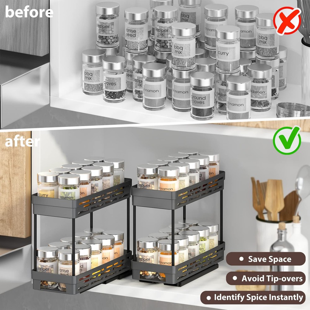 Pull Out Spice Rack Organizer for Cabinet, 3 Packs Slide 3 Pack, Black