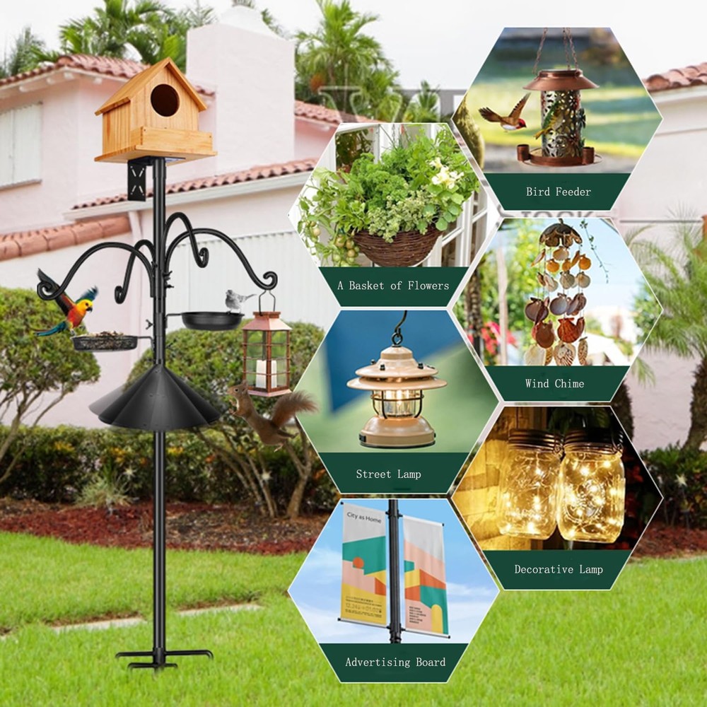 92 Inch Metal Bird Feeder Pole with Squirrel-Proof Baffle, 4 Hooks & 2 Feedin...
