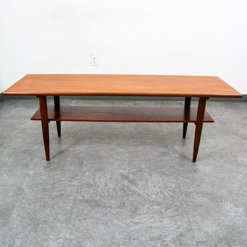 Mid Century Danish Modern Coffee Table Solid Teak Vintage Surfboard Shelf Retro