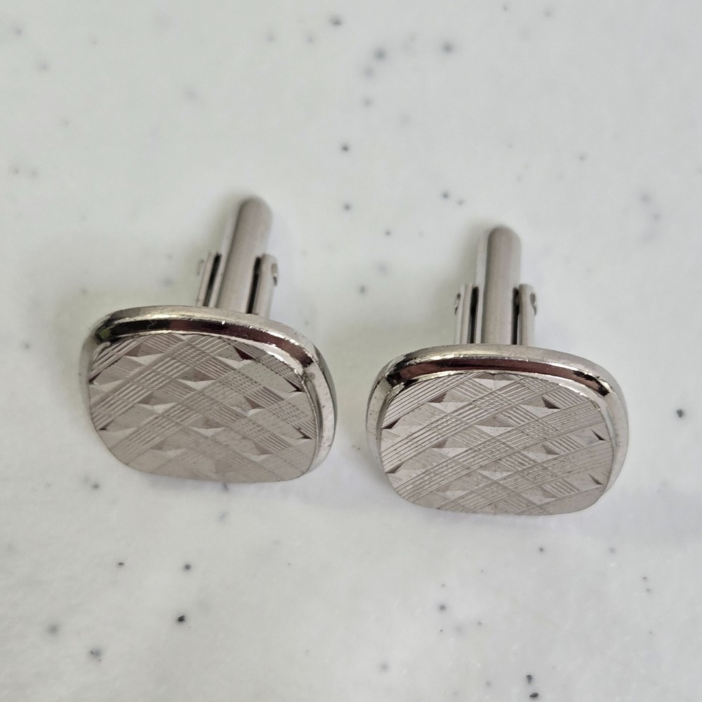 Swank cufflinks Silver Tone Geometric Textured Square Stripe Weave Pattern