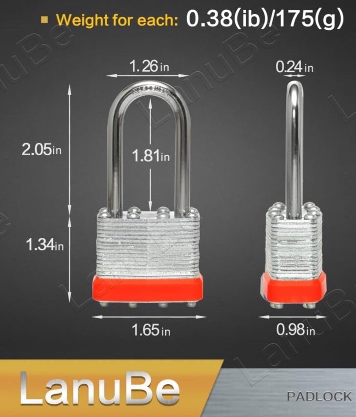 Lock Laminated keyed Padlock (1-9/16", 40mm), Keyed Alike, Long Shackle