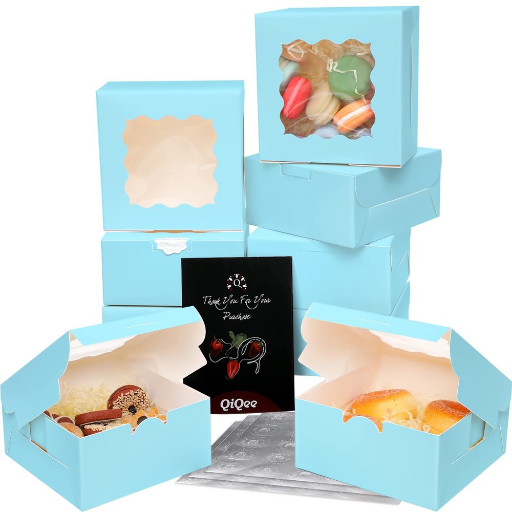 60 PCS Light Blue Bakery Boxes Window 6x6x3 Inch Macaroon Pastry Cookie