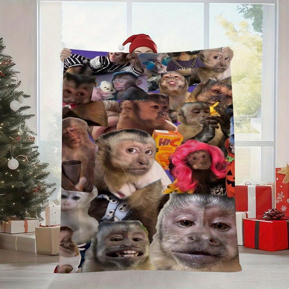 1pc Funny Monkey Face & Chimp Print Flannel Blanket