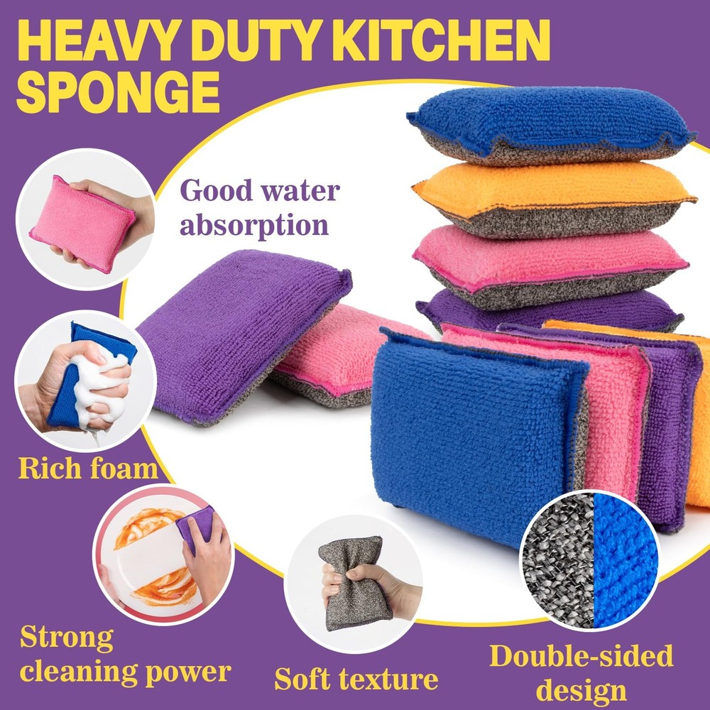 8 Pack Microfiber Sponge Kitchen - Dish Scrubber Sponge Non-Scratch Reusable ...